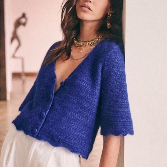 Sezane Lilou Jumper Blue Wool Blend Cardigan Sweater Size: S - Picture 1 of 6
